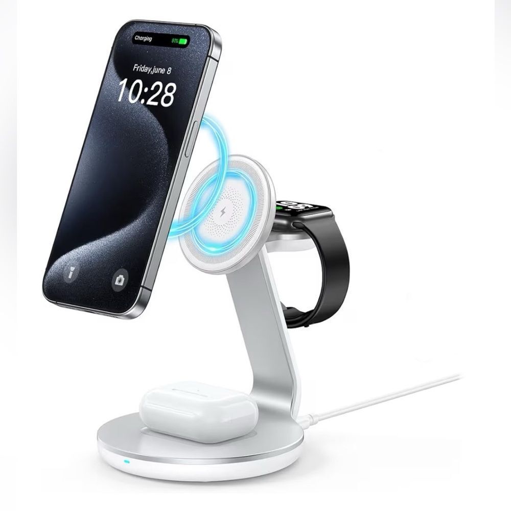 3-in-1 Wireless Charging Station - Silver For iPhone, AirPods & Apple Watch